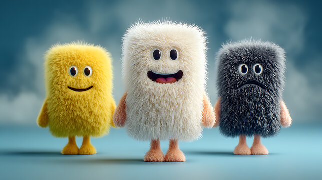 Cute fluffy cartoon monsters with happy and sad expressions, representing different emotions, mental health awareness, mood diversity and playful psychological concepts