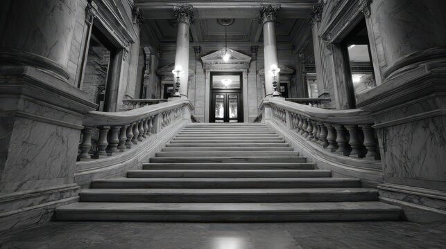 Bleak black-and-white photograph of a grand marble staircase leading to the House chamber inside the Capitol