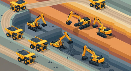 Construction site with excavators and dump trucks working together. © Kosim