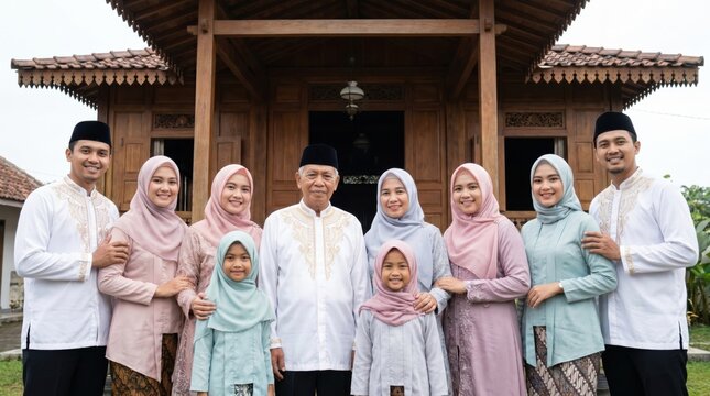 Happy Muslim Family with Children Celebrating Eid al-Fitr Together in Traditional Attire.