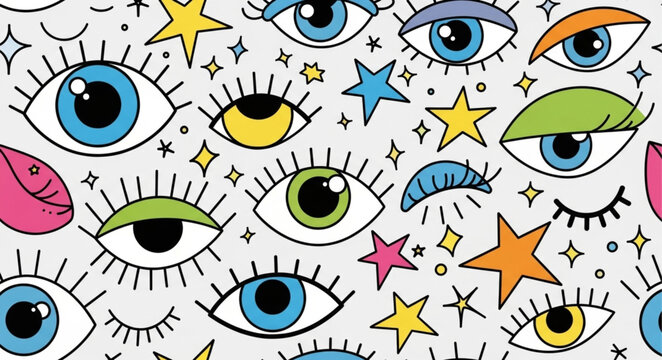 Colorful cartoon eyes and stars pattern illustration.