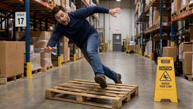 Warehouse Worker Tripping Over Wooden Pallet Workplace Safety Accident Concept