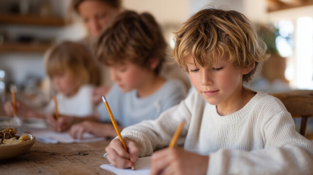 Blended siblings doing homework at a long dining table together, stepparent moving between chairs offering help, the quiet normalcy of a blended family evening full of pencil scratches, shared snack