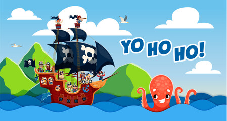 Sail ship with kids pirates at paper cut sea waves with giant octopus kraken. Cartoon children corsairs crew sail a ship with black skull sails past green Caribbean tropical islands in fun adventure © Vector Tradition