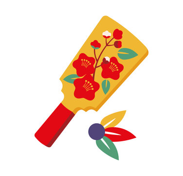 Hanetsuki Japanese game icon, New Year holiday and Japan culture symbol. Hagoita paddle racket and shuttlecock with floral art ornament, Japanese national traditional badminton game play for New Year