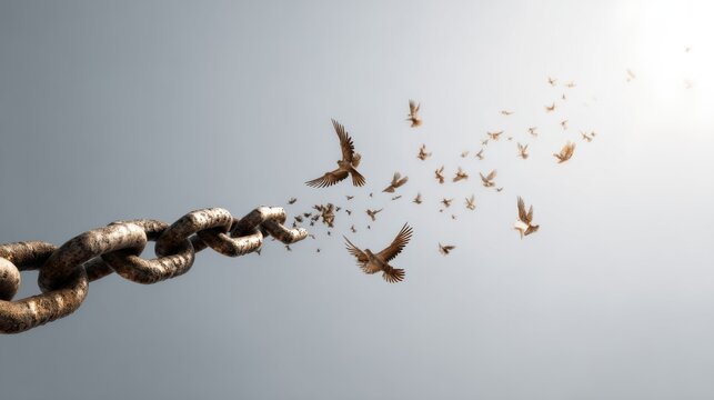 Concept image of freedom, chains breaking into birds flying away