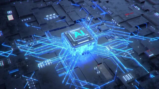 AI chip connects to motherboard, drops to link with circuit board, triggering particles and lines, activating the whole system. Tech 3D animation.