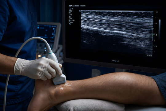 Doctor performing ultrasound scan on patient Achilles tendon