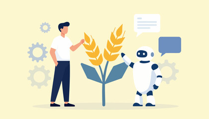 Fototapeta premium Revolutionizing agriculture A man and robot collaborate to nurture crops, symbolizing the integration of AI for smart farming and sustainable food production