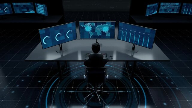 Futuristic AI deep learning: data analysts at computers analyze data, build 3D models, and high-speed neural networks connect directly to cloud computing, activating deep AI data. 3D rendering.