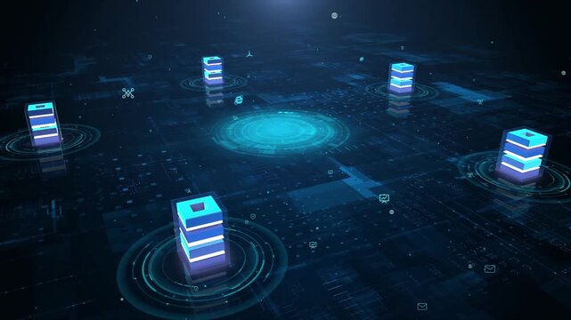 Blocks and blockchains interact on a blue tech background. This 3D rendering showcases business structure, technology, and dynamism with futuristic elements.