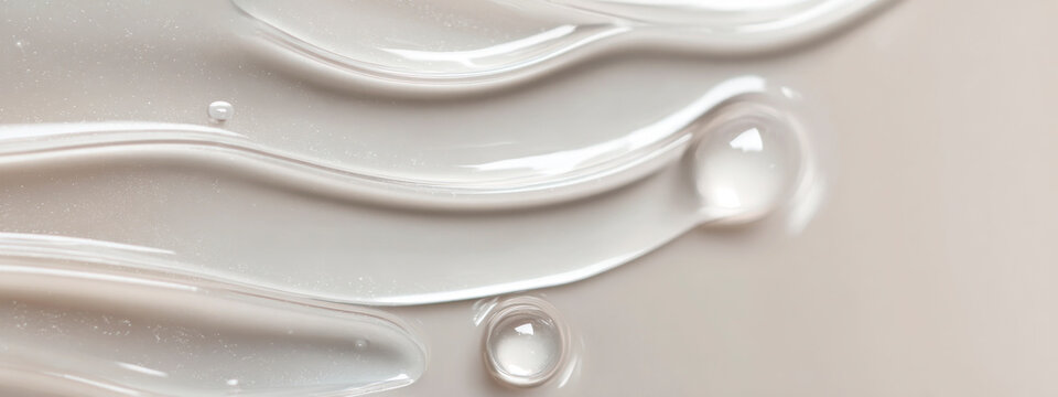 Layered clear gel texture with round bubbles on light beige background. Minimal beauty concept highlighting hydration, purity and smooth surface. banner 