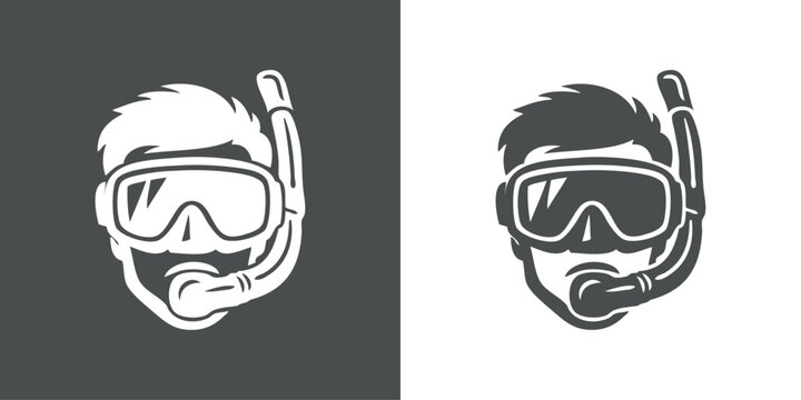 Logo deportes acu&aacute;ticos. Dibujo sencillo de cabeza de submarinista con gafas de buceo y snorkel	