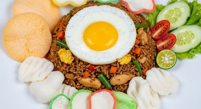 Colorful Fried Rice Topped with Sunny Egg on White Plate with Fresh Garnish