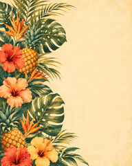 Fototapeta premium Vintage Tropical Pineapple Hibiscus Side Border Background