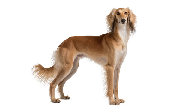 Elegant tan Saluki dog with long flowing hair, standing proudly isolated on transparent background