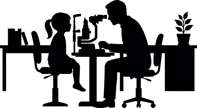 Black silhouette of optometrist examining a child s eyes on transparent background