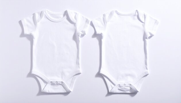 Two blank white baby bodysuits mockup template lying flat on white background