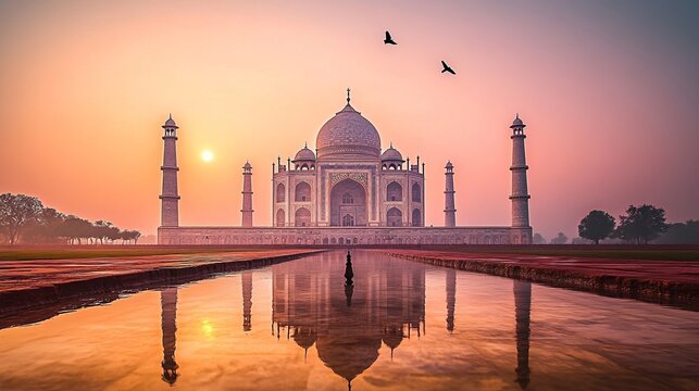 Stunning Sunrise Over the Taj Mahal with Vibrant Colors Reflecting in the Water, Agra, India