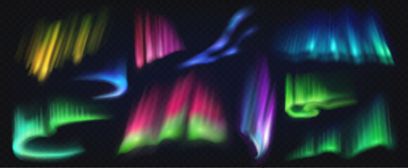 Northern polar aurora borealis light at night sky. Realistic vector green, blue, yellow, red and purple luminous curtains and ribbons. Arctic or Alaska aurora borealis, natural glowing space phenomena © Vector Tradition