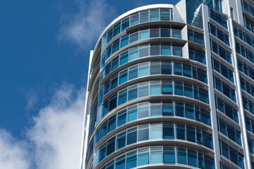 Fototapeta premium Modern curved glass skyscraper reaching into a bright blue sky