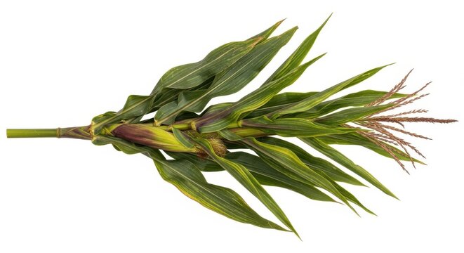 Corn Plant Growth Fresh Green Maize Stalk with Leaves and Tassels Isolated on White