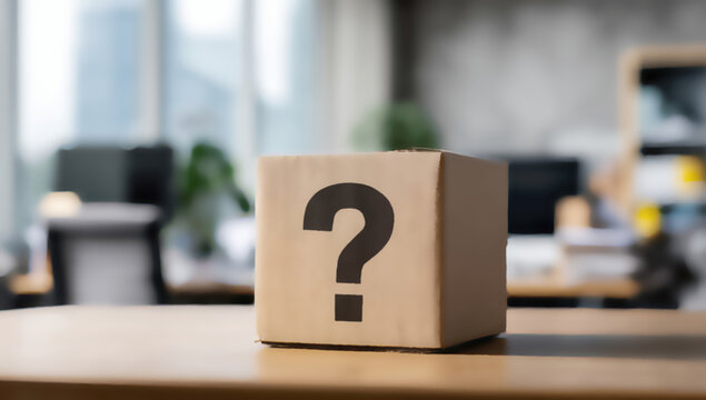Cardboard box with a large black question mark on its side sits on a table