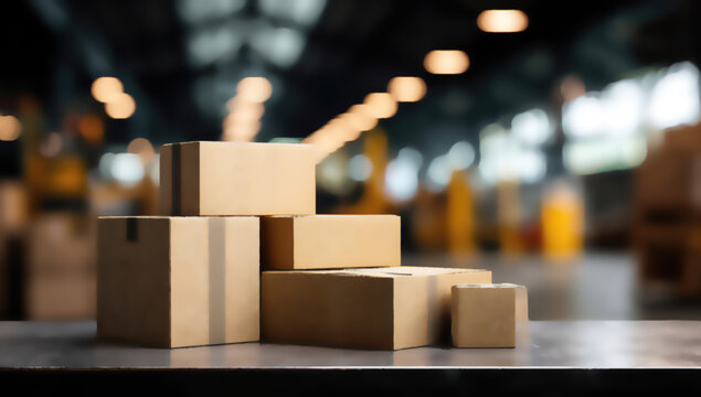 Stacked cardboard boxes on a table in a blurred warehouse