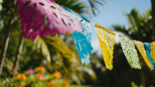 Colorful Papel Picado decorations hanging outdoors in a sunny garden