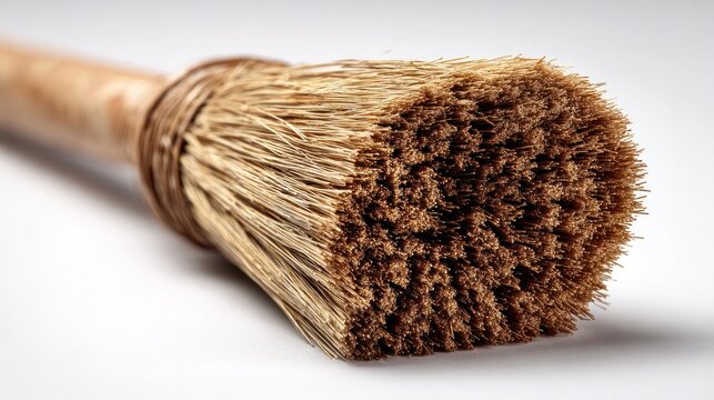Bristle Brush Close-up: A close-up view of a brush, highlighting the texture and detail of the bristles, handle, and binding. An ode to craftsmanship and tools of the trade.