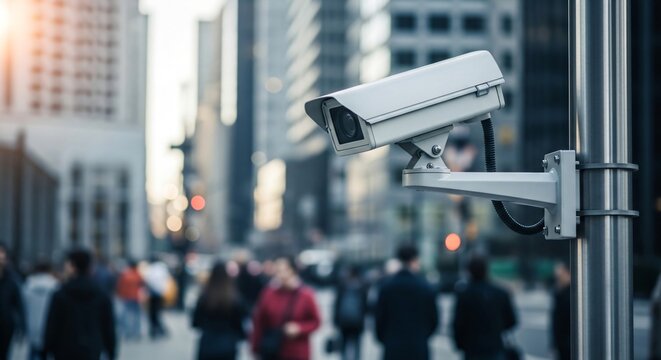 Surveillance camera mounted on city street pole. Outdoor security system monitoring crowds of people. Urban public safety and privacy technology for investigation and crime prevention.