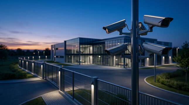 Security camera monitoring modern office building exterior at night. Surveillance system protecting corporate property. Industrial safety, crime prevention and digital electronic monitoring.