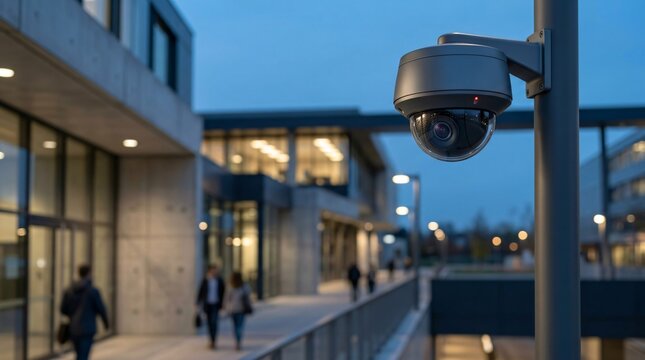 Surveillance camera mounted on the wall of a modern office building. Outdoor security system for building protection. Electronic device for monitoring area safety and access control.