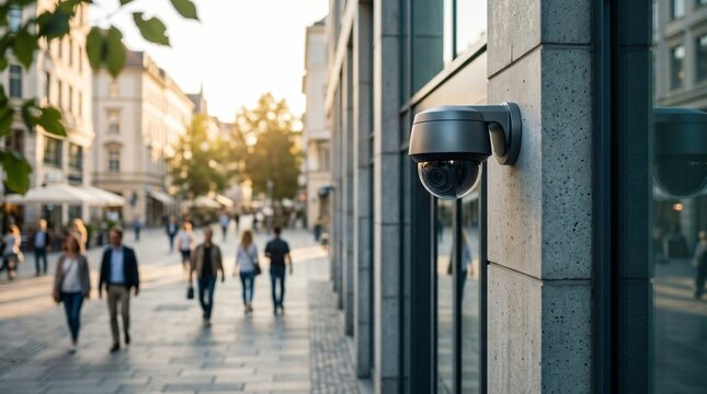 Surveillance camera mounted on the wall of a modern office building. Outdoor security system for building protection. Electronic device for monitoring area safety and access control.
