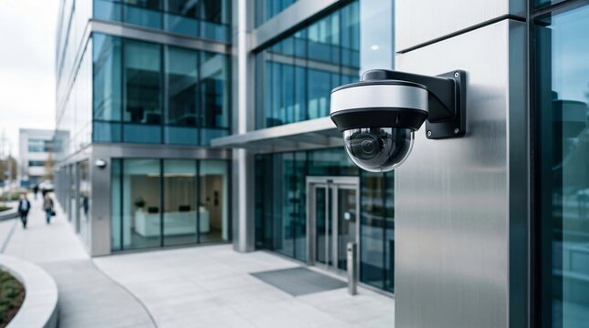 Surveillance camera mounted on the wall of a modern office building. Outdoor security system for building protection. Electronic device for monitoring area safety and access control.