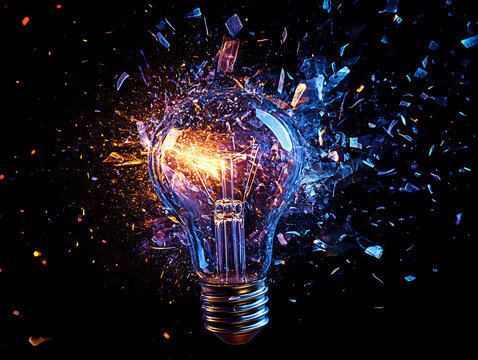 Incandescent light bulb exploding with glowing sparks and shards in dark background
