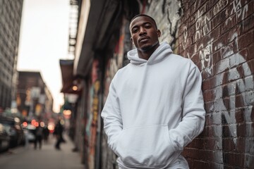 Fototapeta premium Urban streetwear portrait: man in a white hoodie in city surroundings