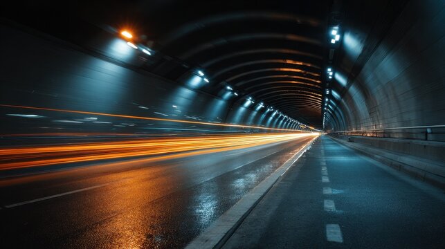 Urban tunnel scene with fast vehicle and bright light streaks