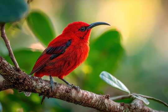 Vibrant native bird in a tropical jungle setting perched on a leafy branch