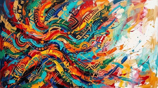 Vibrant Pintados-Kasadyaan Inspired Abstract Wallpaper with Dynamic Colorful Paint Strokes and Energetic Festival Movement for Modern Background Design
