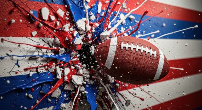 FIFA Worldcup 2026 American football exploding through a wall with paint splashes and debris
