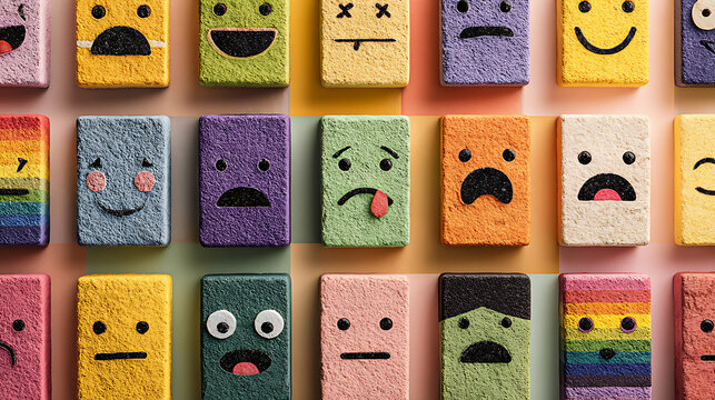 Emotional diversity illustration representing mental health awareness, mood spectrum, psychological wellbeing, anxiety, depression, resilience and self-expression