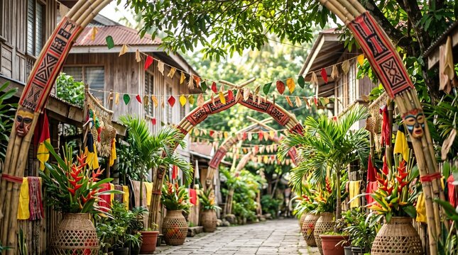 Pintados-Kasadyaan Festival Background with Traditional Filipino Tattoo Patterns, Tropical Decorations, and Soft Sunlight for Cultural Celebrations