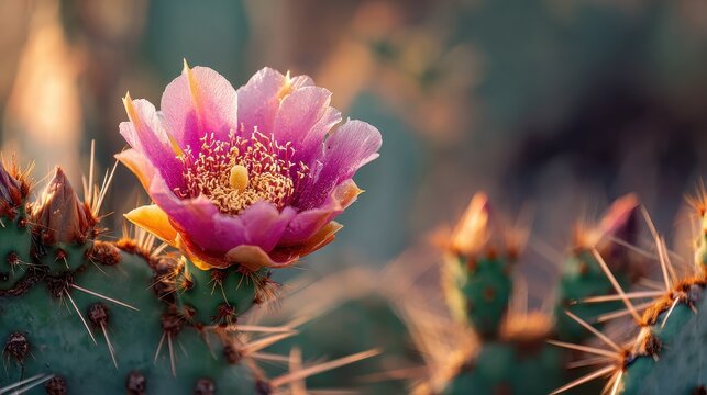 Vivid prickly pear blossom on flat cactus pads with spines in warm desert light