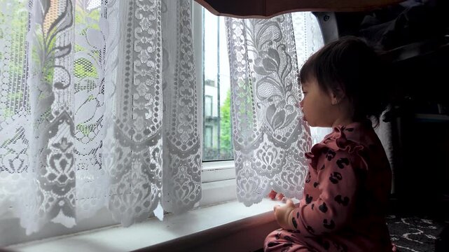 Childhood development and curiosity. A young South Asian baby girl is seen looking out a window through delicate lace curtains, observing the world outside.