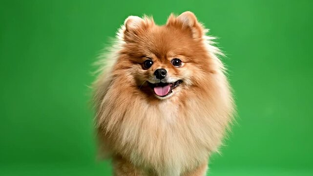 Cute Pomeranian Dog With Fluffy Orange Fur Standing Against Bright Green Background