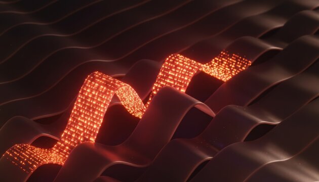Glowing digital data stream on dark wavy surface, orange binary code flow across black abstract waves, futuristic technology background for cyber security
