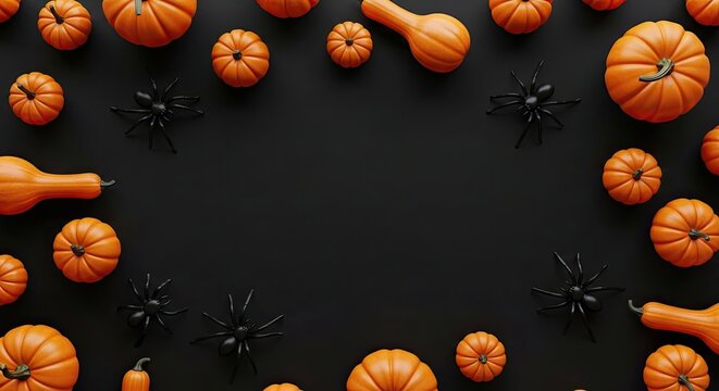Halloween Pumpkin and Spider Border on Black Background.