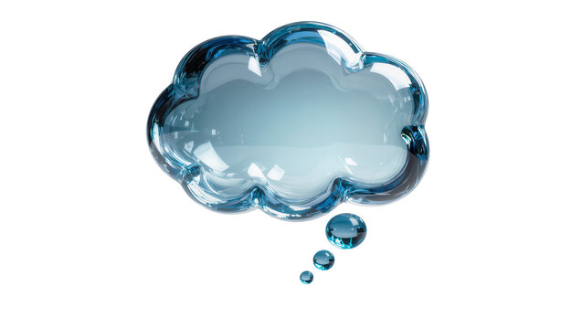 Translucent blue glass thought bubble with small bubbles, isolated on transparent background