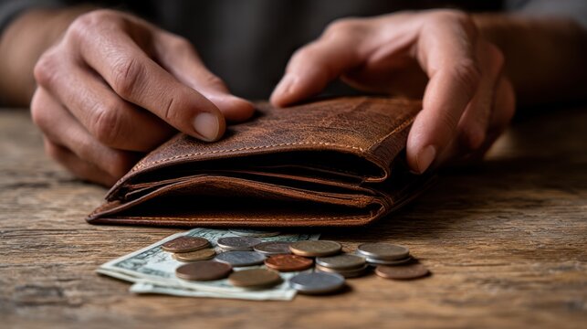 Close-up of hands with an empty wallet and coins on a table. The symbolic concept of financial frugality, saving money and economic responsibility during economic hardship and inflation